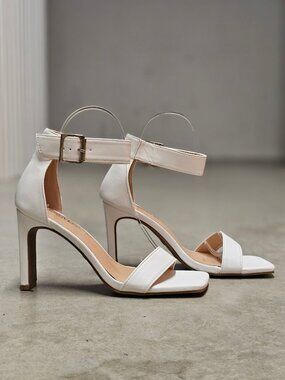 Strappy White Block Heel Sandals With Ankle Strap Buckle Bella Marie Womens Shoe